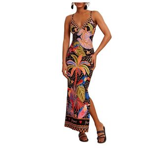 Vestido Camisero Casual de Verano para Mujer, con Estampado Tropical, Cuello en V, Sin Mangas, Midi, con Abertura Lateral, para Vacaciones en la Playa - Product Image 1