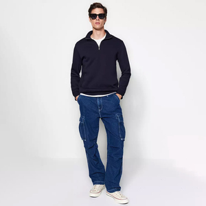 Men's <b>Navy</b> Blue Quarter Zip <b>Sweatshirt</b> Regular Fit Solid Color Casual Cotton French Terry Stand Collar Autumn Wear - Product Image 3