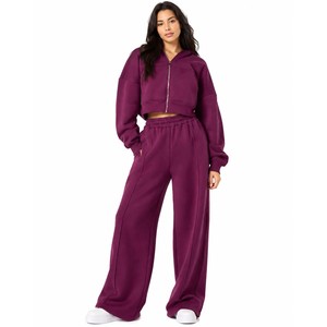 Conjunto de 2 piezas de sudadera corta con capucha y pantalones de chándal de pierna ancha para mujer, de forro polar, informal, de manga larga, color liso, ajuste holgado - Product Image 5