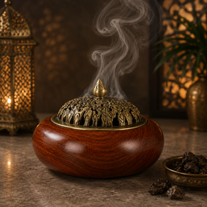 Glossy Wooden Bakhoor Burner with Antique Gold Metal Lid Designer Islamic <b>Oud</b> <b>Incense</b> Holder for Ramadan Eid Gift Home Decor - Product Image 1