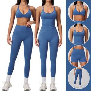 Women Halter Neck Yoga Set Activewear V-Neck Sports Bra Tank <b>Top</b> with High Waist Leggings Shorts Lightweight Fitness Outfit - Product Image 1