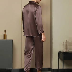 Vente flash - Ensemble de pyjama en satin de soie pour homme, manches longues, couleur unie, style classique, vêtements de nuit d'automne avec poches - Product Image 3