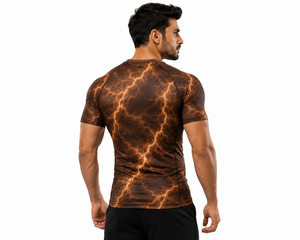 Men's Brown Lightning Compression Shirt Short Sleeve Rash Guard Gym Fitness Workout <b>Athletic</b> Base Layer Performance Sportswear - Product Image 4