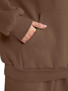 Survêtement marron à capuche pour femmes, coupe ample, couleur unie, sweat-shirt et pantalon décontractés, ensemble pour l'automne - Product Image 6