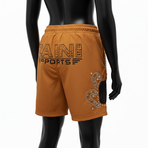 Short de bain femme en polyester et élasthanne 180 GSM de qualité supérieure, couleur moutarde, orange, noir, avec empiècements en mesh et logo thermocollé en strass. - Product Image 5