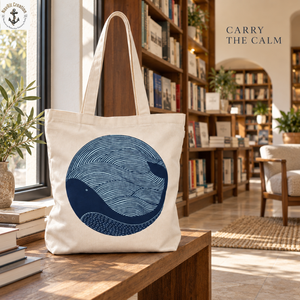 Bolsa de Lona Color Marfil Inspirada en el Océano con Estampado de Ballena Azul Marino |   Bolsa de Compras Diaria con Asas Largas para Uso Cotidiano - Product Image 4