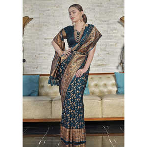 ชุดส่าหรีผ้าไหมบาเนราสี จาล คาตัน ซารีวูเวน สำหรับผู้หญิง สีน้ำเงินเข้ม ลายทอแบบเอลีท วีฟส์ พร้อมชุดซ - Product Image 3