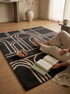Tapis en laine tufté fait main moderne, noir, géométrique, doux, pour intérieur et extérieur, tapis de luxe contemporain sur mesure - Product Image 6