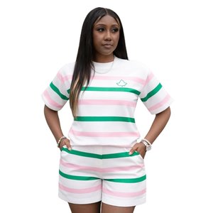 ชุดเซ็ตเสื้อและกางเกงขาสั้นผู้หญิง AKA Solid รุ่นสองชิ้น สีชมพู เขียว ขาว สไตล์ลำลอง ทันสมัย เหมาะสำหรับฤดูหนาว ผลิตจากผ้าฝ้าย 100% เป็นมิตรต่อสิ่งแวดล้อม - Product Image 1