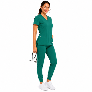 Wholesale Women Scrub <b>Set</b> Elastic Stretch V-Neck Short Sleeve Top Cargo Jogger Pants Hospital Work Attire Women Scrub <b>Set</b> - Product Image 3