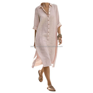 Robe tunique longue en lin gris pour femmes, boutonnée, décontractée, style vacances d'été, style resort, taille naturelle, tissée, motif uni - Product Image 2