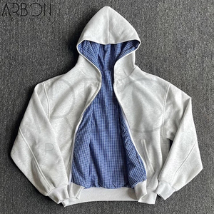 Sudadera con capucha y cremallera a cuadros, reversible, holgada, con estampado gráfico, color gris, nueva llegada 2026, servicio OEM ODM - Product Image 4
