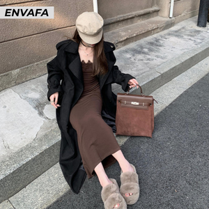 Abrigo Largo de Lana Personalizado para Mujer, Estilo Gabardina, Otoñal, Color Sólido, Casual, Elegante, Talla Grande, Cortavientos - Product Image 6