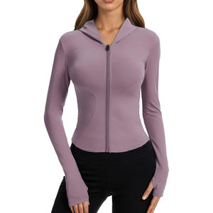 Women's Ribbed Hooded <b>Yoga</b> <b>Jacket</b> Full Sleeve Zipper Front Solid Color Stretchy Nylon Athletic Wear Quick Dry Seamless Design - Product Image 4