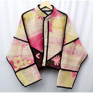 Classy Kantha Blazer With Plaid <b>Pattern</b> And Hand <b>Quilted</b> Shawl Collar Full Sleeve Autumn Women's <b>Jacket</b> - Product Image 1