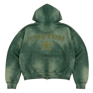 เสื้อฮู้ดซิปสีเขียวประดับเพชรเทียม งานปักลายกราฟิกสไตล์วินเทจ ทรงหลวมไหล่ตก สตรีทแวร์ ยูนิเซ็กส์ - Product Image 2