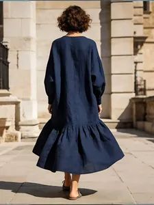 Women Plain Navy Blue <b>Boho</b> Maxi <b>Dress</b> <b>Long</b> Sleeve Oversized Loose Fit Round Neck Tiered Hem Casual Elegant <b>Dress</b> - Product Image 4
