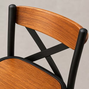 Modern Wooden Bar <b>Stool</b> Backrest and <b>Seat</b> Close Up with Black Metal Frame Premium Wood Grain Industrial Furniture Design - Product Image 4