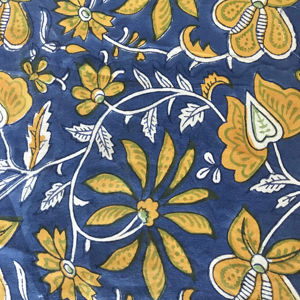 Tela de algodón estampada a mano – Base azul índigo con estampado floral amarillo mostaza, textil tradicional indio - Product Image 1