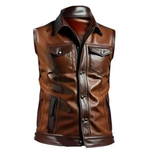Men's <b>Brown</b> Genuine Leather Denim Moto <b>Vest</b> V-neck Regular Length Solid Color Winter Outerwear Garment Dyed Quick Dry Breathable - Product Image 2
