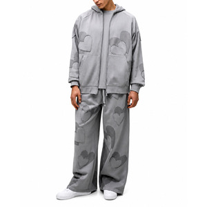 Custom Embroidery <b>Oversize</b> Acid Wash Flared <b>Sweatpants</b> and Denim Jeans Work Suit Jacket Tracksuit Men's Outerwear Set - Product Image 1