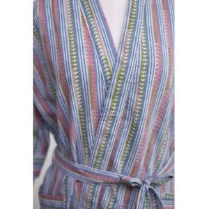 Robe mi-longue rayée pour femme, col mandarin, manches courtes, en coton tissé et fibre de bambou, douce, décontractée, printemps, fermeture à cordon - Product Image 6