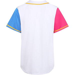 เสื้อเบสบอลแบบใหม่มาใหม่ ทรงยูนิเซ็กซ์ สีขาว แต่งแขนเสื้อสีชมพูและสีน้ำเงิน ขอบสีเหลือง ติดกระดุมด้านหน้า แขนสั้น - Product Image 2