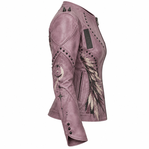 Dusty Pink <b>Women</b> Genuine Leather Biker Jacket Custom Feathered Angel Print Curved Seam Spiked <b>Outerwear</b> Manufacturer - Product Image 3