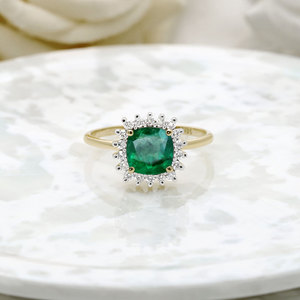 14K Solid Yellow Gold <b>Cushion</b> Emerald Diamond Halo Engagement <b>Ring</b> Fine Jewelry Wholesale Custom Genuine Gemstone <b>Ring</b> For Women - Product Image 3