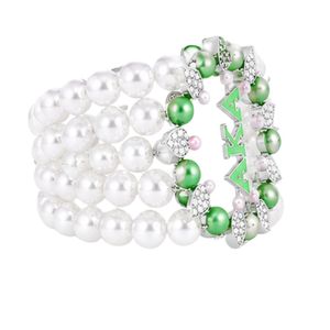 Bracelet 5 brins en perles blanches pour femme, bijou de mode élégant, bracelet perlé superposé avec accent vert, accessoire décoratif - Product Image 4