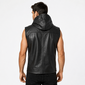 Custom Men's Black Hooded Leather Vest Biker Motorcycle Sleeveless <b>Jacket</b> Punk <b>Gothic</b> PU Waistcoat Zipper Buckles Slim Fit Gilet - Product Image 2