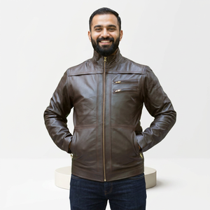 Veste en cuir slim fit de haute qualité pour homme, vêtement décontracté tendance, en cuir véritable et toile, longue, pour homme - Product Image 6