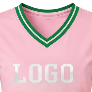 Camiseta de Manga Corta con Cuello en V Rosa para Mujer, con Ribete Verde, Logotipo Personalizado, Corte Regular Informal, 100% Algodón, Transpirable, Ecológica, de Secado Rápido - Product Image 3