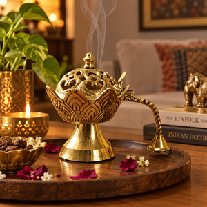 Brûleur d'encens en laiton avec socle lotus, couvercle découpé Om, poignée courbée, support métallique pour Bakhoor Mabkhara Dhoop, décoration de temple Puja - Product Image 3