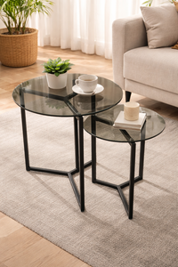 Modern Style Coffee <b>Tables</b> Set with Gray Glass Top and Metal Frame - Product Image 2