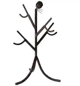 Support à tasses artistique en métal foncé avec motif inspiré d'un arbre et détail visage de chat, organisateur de cuisine moderne, étagère décorative - Product Image 1
