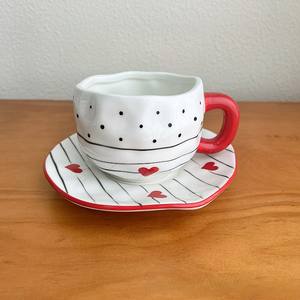 Nordic Minimalist Hand Painted Irregular Shape Hearts Pattern Ceramic 300ml Sustainable Coffee <b>Cup</b> and Saucer <b>Set</b> - Product Image 6
