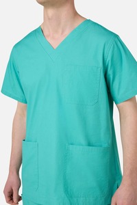 Men's Teal V-Neck <b>Scrub</b> <b>Top</b> With Three Pockets Hospital Uniform Cotton Polyester Woven Fabric - Product Image 4