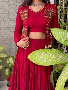 New Trend Fuchsia Pink Mirror Work <b>Lehenga</b> Set Designer Kutchi Embroidery Jacket <b>Crop</b> <b>Top</b> Festive Party Wear - Product Image 6