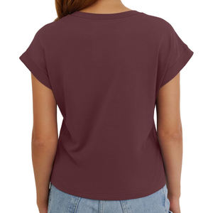 T-shirt décontracté en coton tricoté pour femme, col rond, manches courtes, coupe classique, couleur bordeaux, idéal printemps-été - Product Image 4