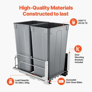 Contenitore per Rifiuti da Cucina a Doppio Scomparto da 50 QT X2, Bidone Estraibile Resistente con Kit per Riciclaggio Intelligente, Capacità 30L - Product Image 3