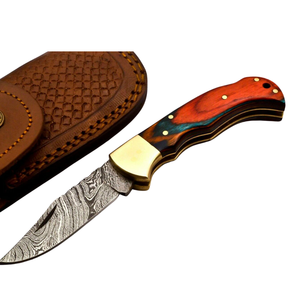 Cuchillo Plegable Hecho a Mano con Hoja de Acero de Damasco y Mango de Madera Roja, Cuchillos de Bolsillo para Acampar, Cazar, Actividades al Aire Libre y EDC - Product Image 2