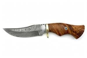 Cuchillo utilitario de punta curva de acero de Damasco hecho a mano con mango de madera de Burl y guardacuchillo de latón, herramienta de campo - Product Image 6