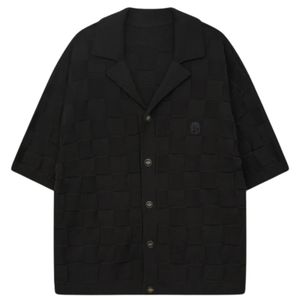 Men Checkerboard Knitted Shirt Short Sleeve Button <b>Down</b> Casual Summer Knit Top Black OEM Wholesale Supply - Product Image 1