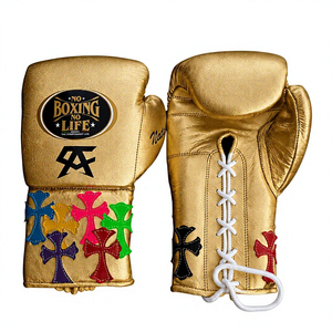 No Boxing No Life Gants de boxe professionnels en cuir doré à lacets, à doigts entiers, réglables au poignet, respirants, avec poignées pour adultes - Product Image 1