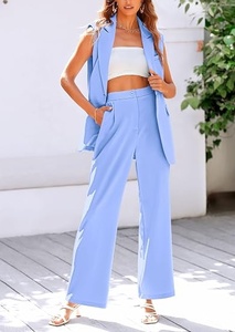 Women's Sleeveless <b>Blazer</b> <b>Set</b> Loose Fit Wide Leg Pants Two Piece Suit Casual Spring Summer Solid Color Blue Polyester - Product Image 2