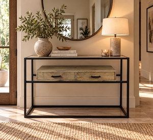 Table console en bois de style industriel moderne avec 2 tiroirs de rangement, table console en bois massif de style farmhouse - Product Image 1