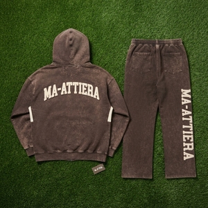 Ensemble de survêtement à capuche pour homme, marron crème, imprimé lettres, fermeture éclair intégrale, coupe ample, style décontracté, 100 % coton, collection automne - Product Image 5