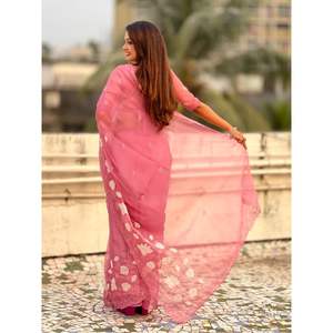 Sari de Seda Pura Chanda Kora para Mujer de Elite Weaves, Largo, con Bordado Floral, Apliques y Ribete de Bordado a Mano - Product Image 3