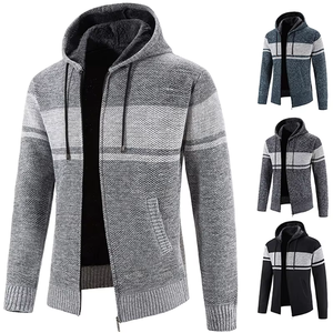Hot Sale Men's Winter Hooded <b>Cardigan</b> Jacket with Zipper Closure <b>Thick</b> Velvet Fabric Anti-shrink Feature Striped Mandarin Collar - Product Image 3